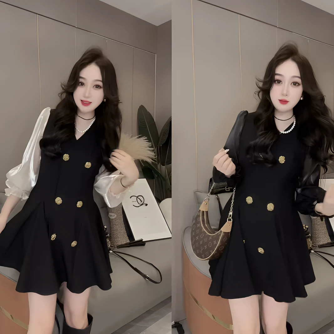 新款时尚气质拼接纱袖名媛显瘦春季夏季秋季气质赫本风收腰连衣裙