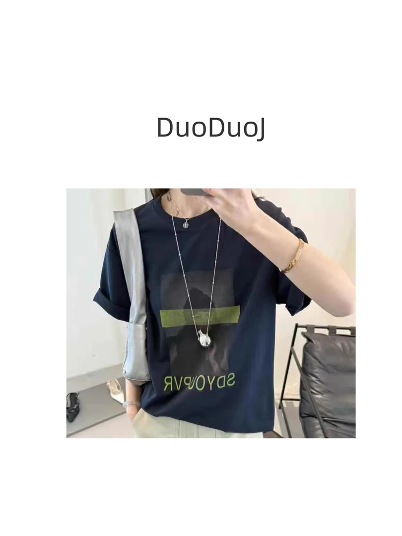 【DuoDuoJ】【美女图案】韩版休闲百搭圆领设计感简约宽松T恤短袖
