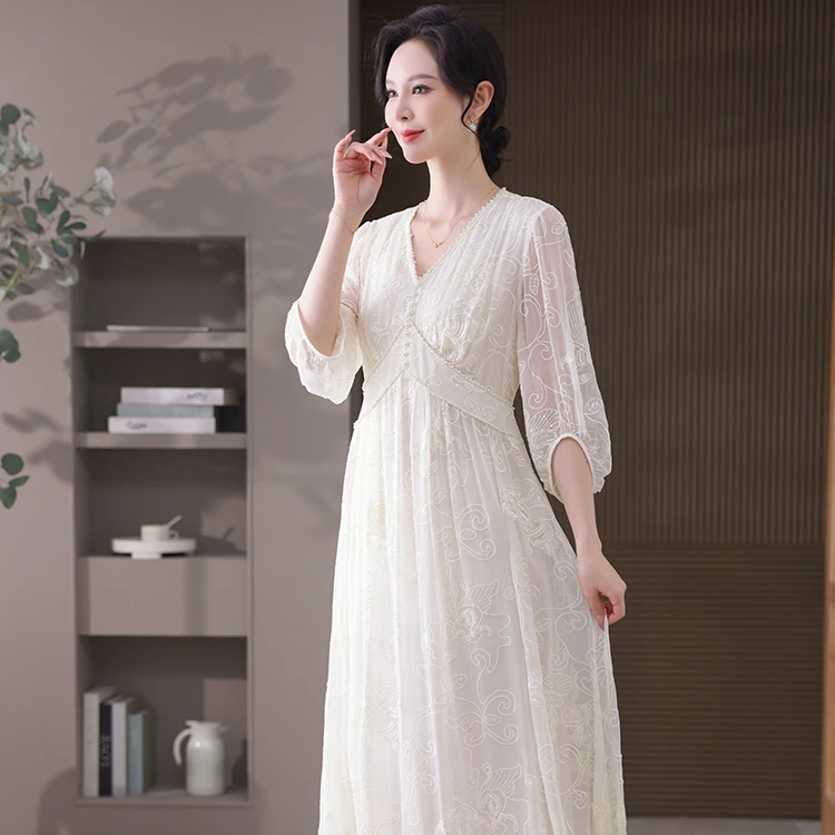 新款【月华】长裙收腰显瘦仙气中长款大码气质裙子100桑蚕丝连衣裙