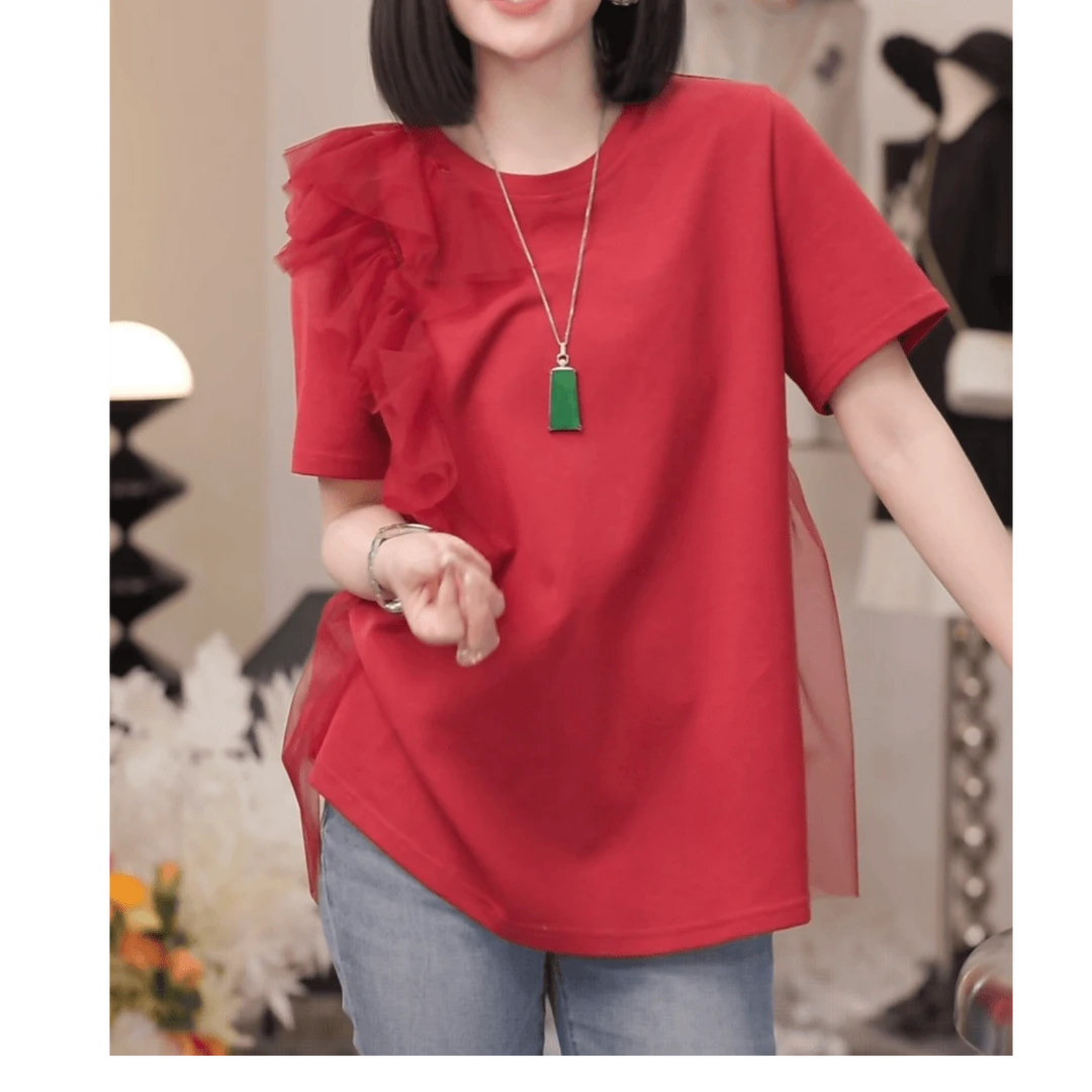 洋气精致肩位蕾丝短袖T恤女夏季2025薄款时尚百搭休闲洋气上衣