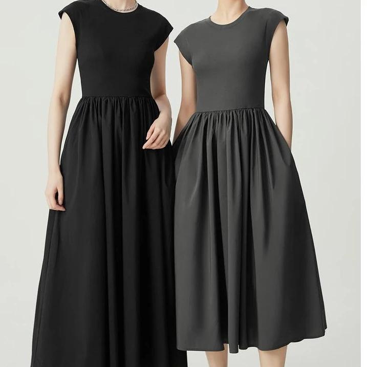 【商场同款】圆领飞飞袖连衣裙收腰纯色时尚简约无袖中长裙A500334