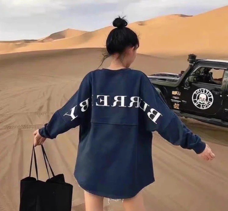 95新 BURBERRY/博柏利 HM0553 深蓝色logo字母印花长袖卫衣 XS码