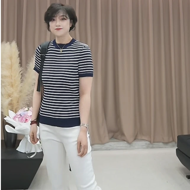 【U.M】瘦瘦子女士条纹针织圆领短袖