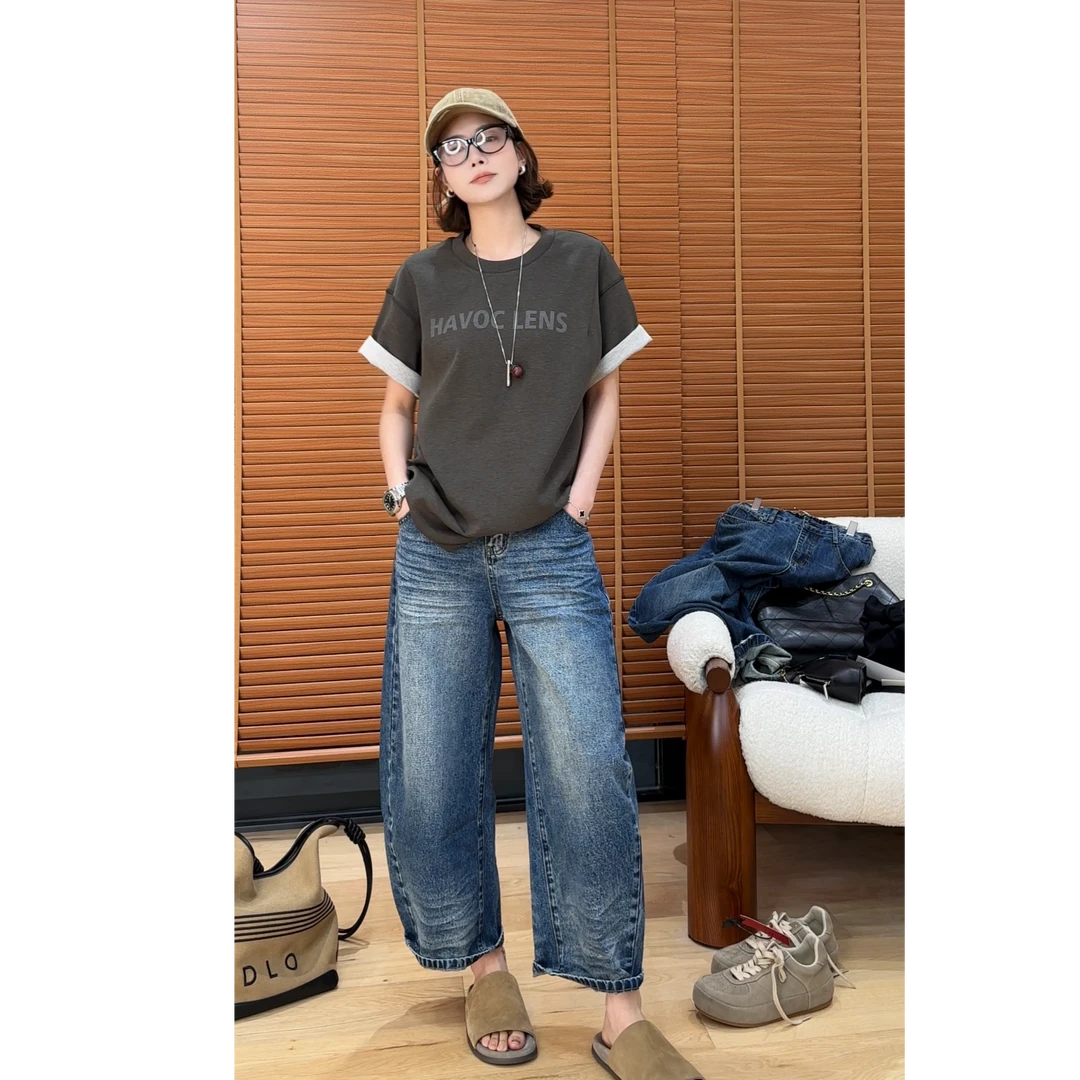 YYOUHAN 2025新款小众设计极简风宽松大版显瘦字母T恤 2508C4454