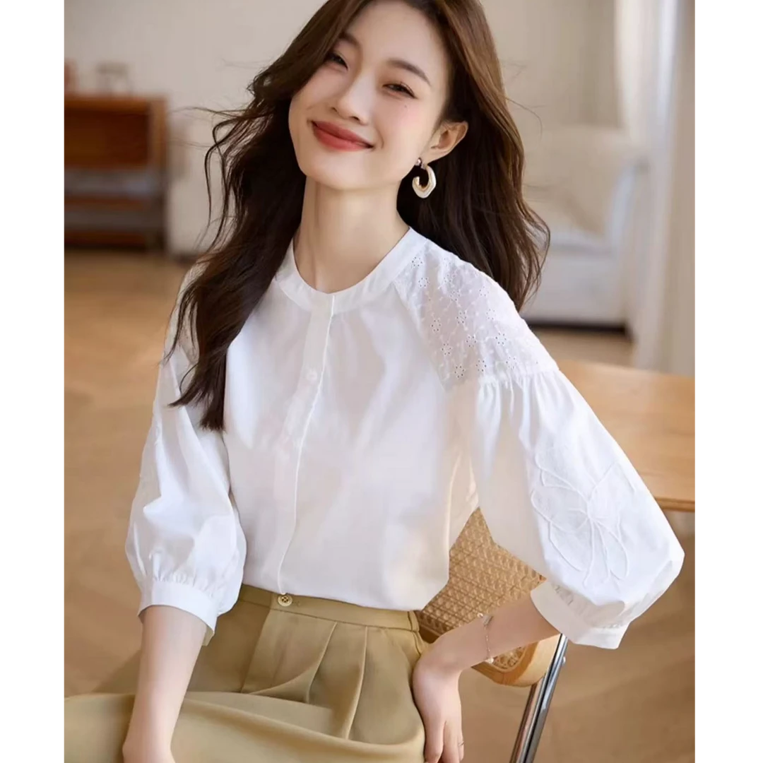 白色衬衫女2025年春夏新款独特别致法式七分袖衬衣上衣6653