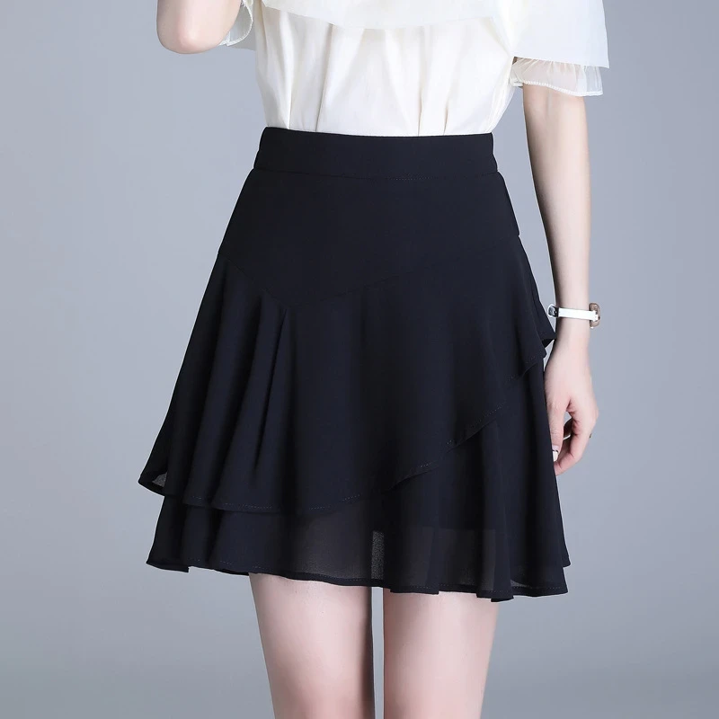 雪纺半身裙短裙女夏薄款2025新款高腰显瘦荷叶边不规则百褶a字裙