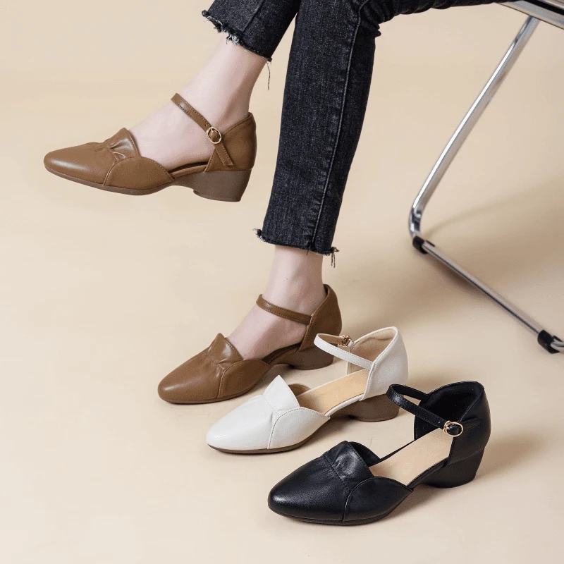 浅口凉鞋女2025夏季新款软皮软底中空单鞋法式坡跟尖头通勤女鞋