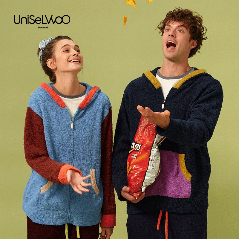 UniSeLWoo呦卧冬季新款家居服套装卫衣半边绒长袖睡衣半边绒外套