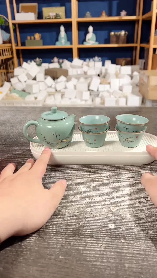 【闪购商品】其他天青汝窑富竹手执壶+4杯+茶盘