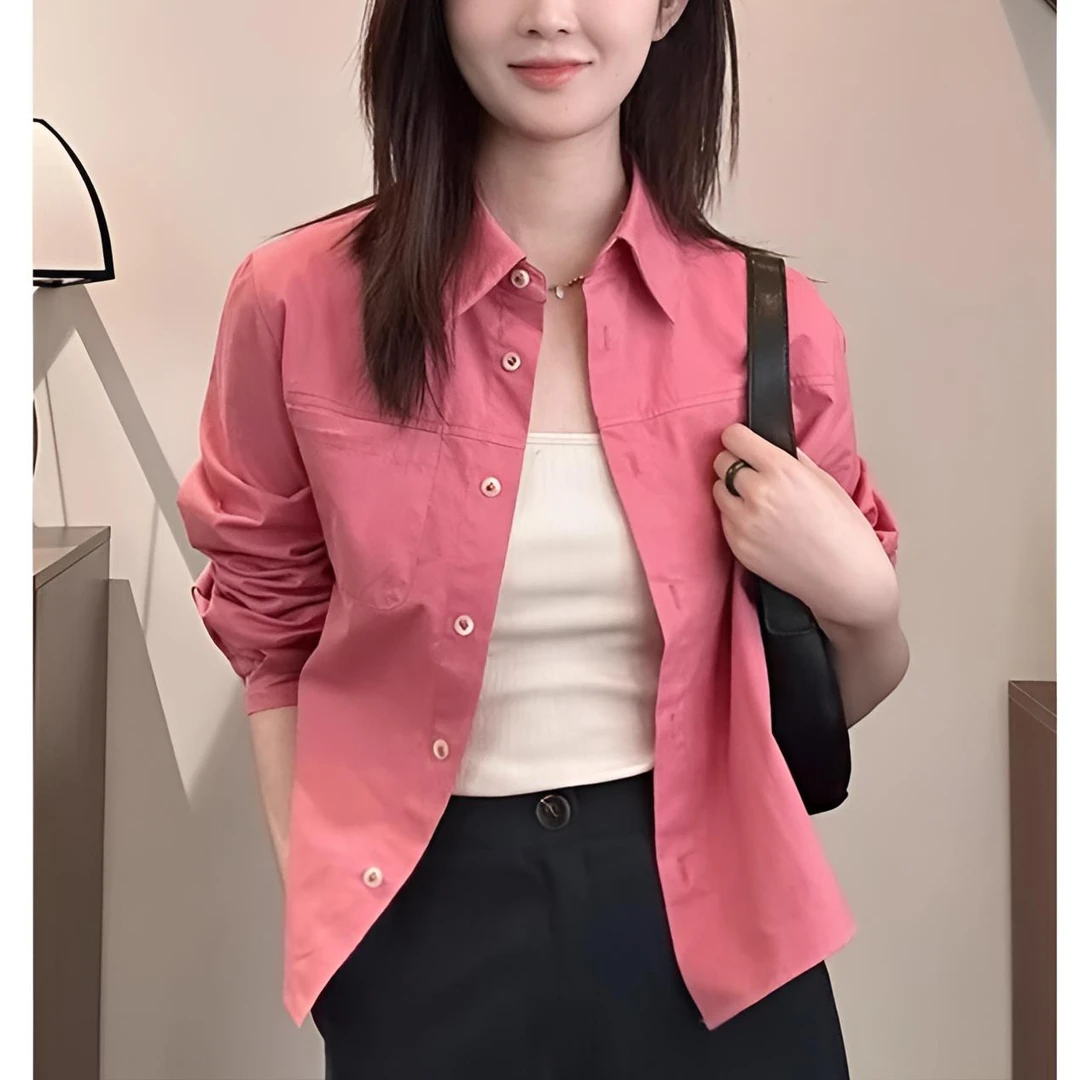 休闲百搭翻领POLO衬衫女2025春季新款衬衣外搭开衫短款薄外套上衣