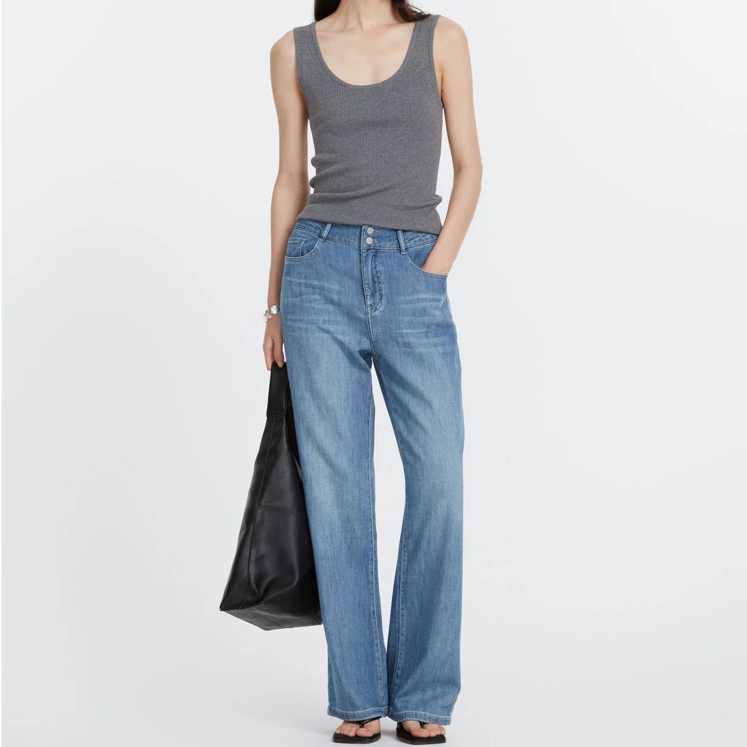 VIMAGE/纬漫纪春夏季时尚休闲百搭显瘦浅海蓝牛仔裤V2305933