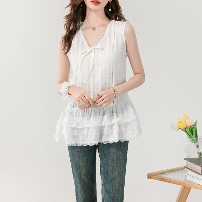 TUBREIT/图百年夏季新款通勤蕾丝背心无袖系带蝴蝶结叠穿白色背心