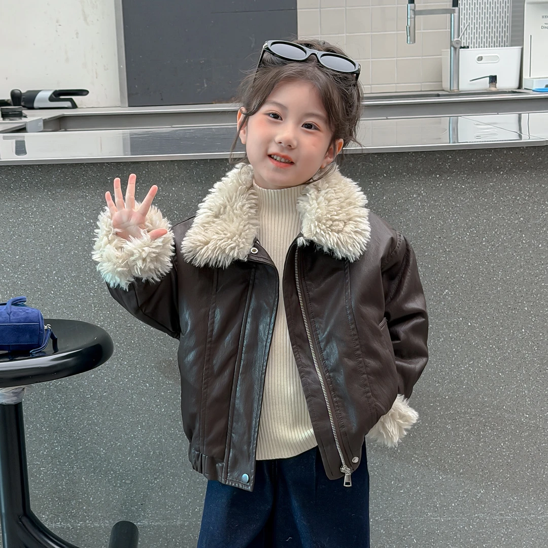 女童外套秋冬款2025新款洋气女宝宝冬季夹克儿童冬装加绒加厚皮衣