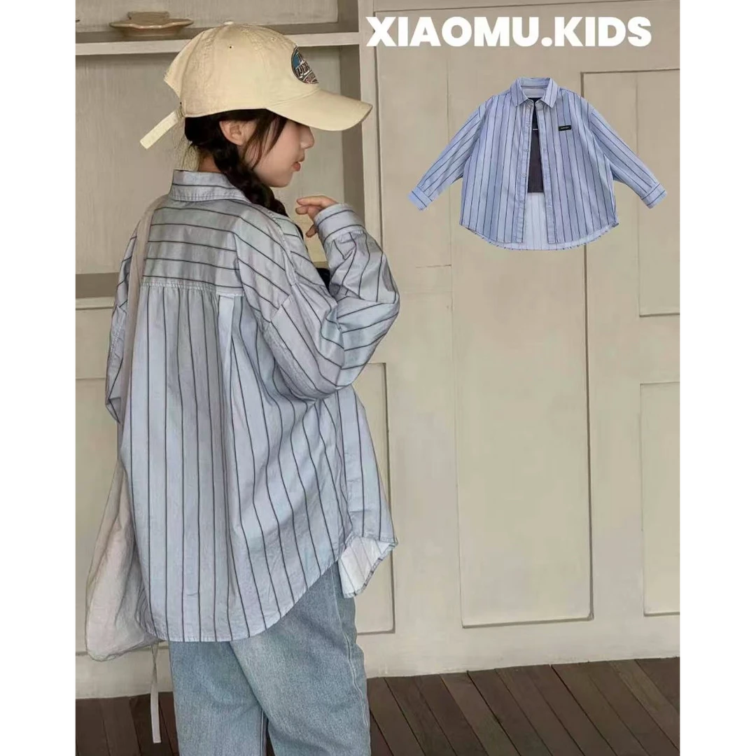 【小慕家】2025春儿童条纹衬衫背心两件套休闲百搭25001