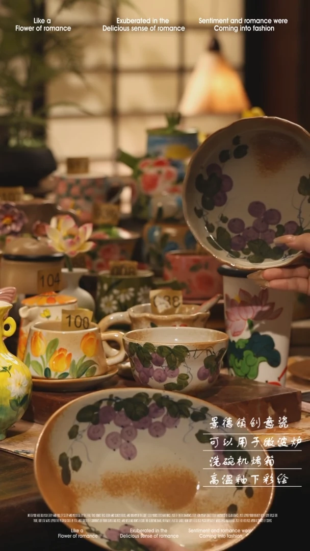 陶瓷三件套景德镇高温手绘釉下彩设计师款式