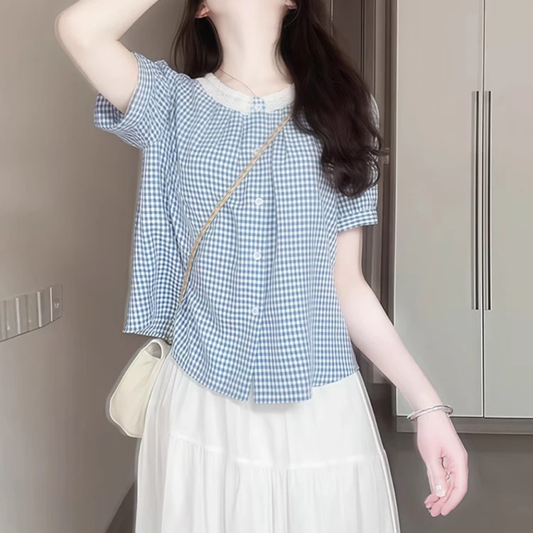 蓝色格子木耳边短袖衬衣衬衫女2025夏季新款法式轻奢减龄洋气上衣