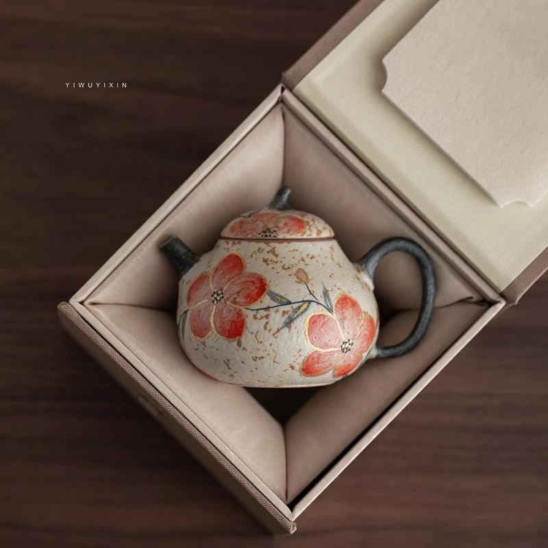 宜物宜心焦糖色手绘桃花茄段壶家用茶具茶壶功夫茶具中式办公茶杯