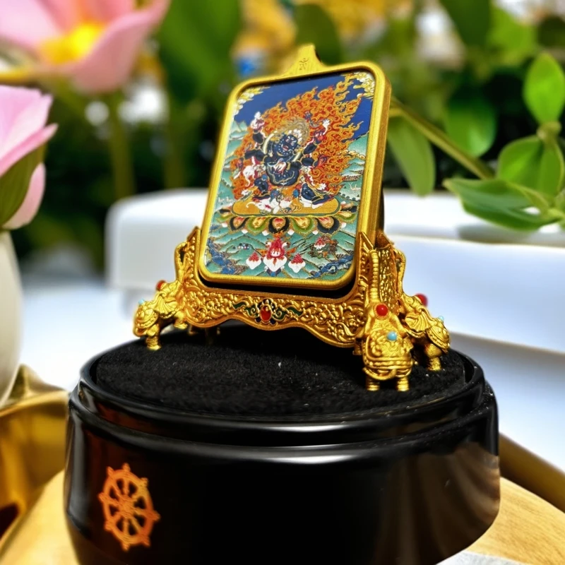 黄铜玻璃吊坠 奢华金饰镶边，神秘护法神唐卡摆件，佑护平安
