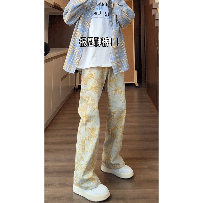 美式cleanfit提花伐木牛仔裤男款春季休闲高街潮牌复古微喇长裤子