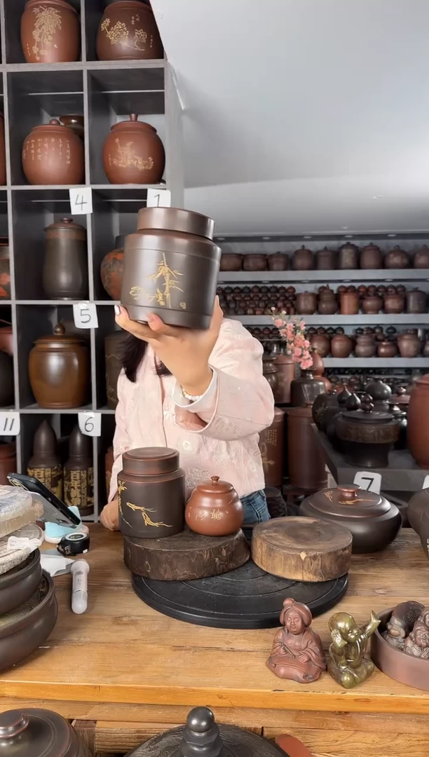 用****9本陶手作坭兴陶六两装平盖茶叶罐单个手工痕迹