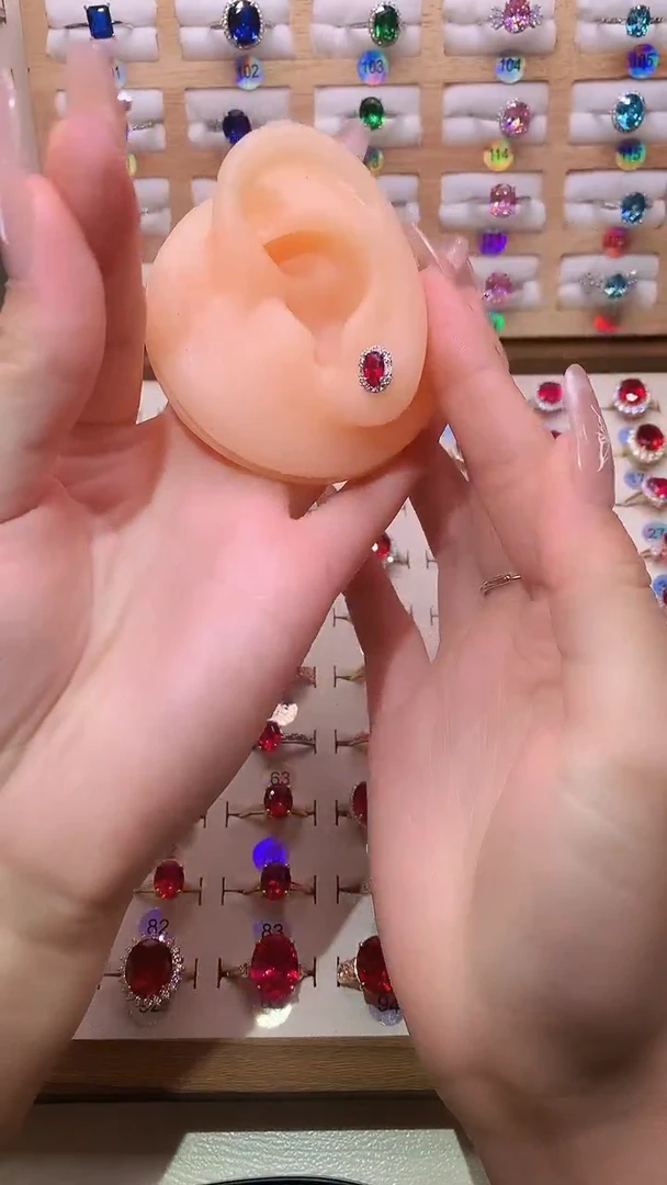 银S925镶嵌耳饰红宝石4*6