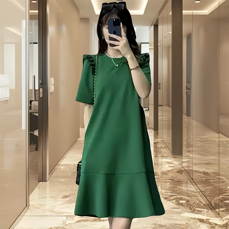 2025夏季新款微胖妹妹宽松显瘦百搭绿色法式大码连衣裙鱼尾裙子女