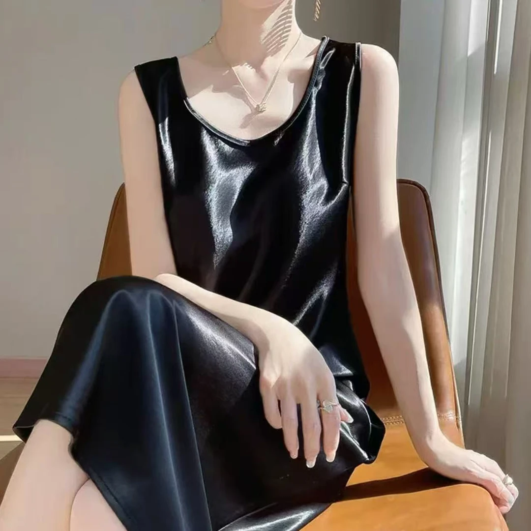 优雅流光鱼尾裙修身显瘦长款连衣裙夏季女神缎面背心裙光泽感裙子