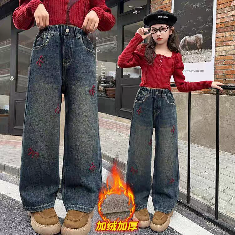 女童加绒裤子冬季加厚羊羔绒阔腿裤宽松时髦儿童冬季一体绒牛仔裤