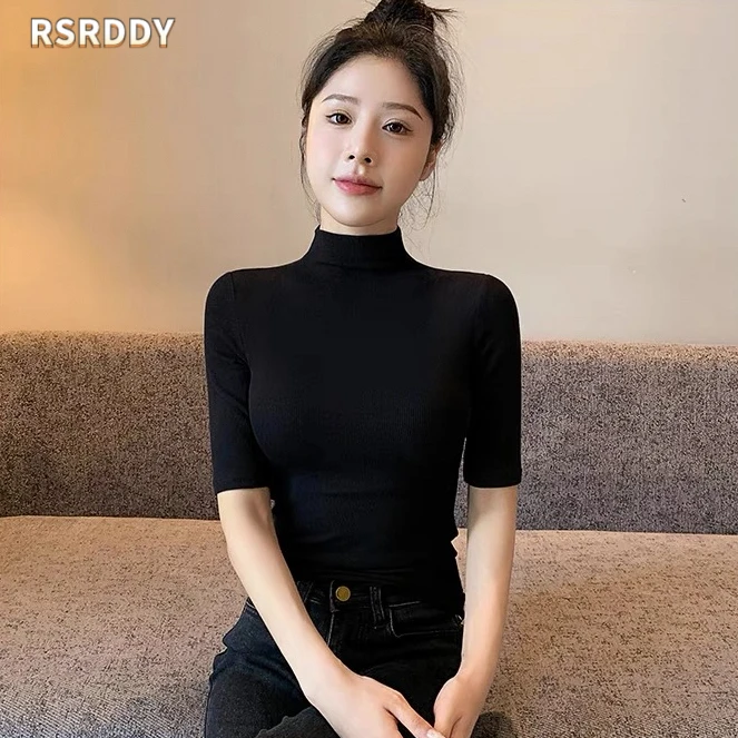 RSRDDY潮牌螺纹打底衫女2025春秋季新款半高领内搭五分中袖上衣t