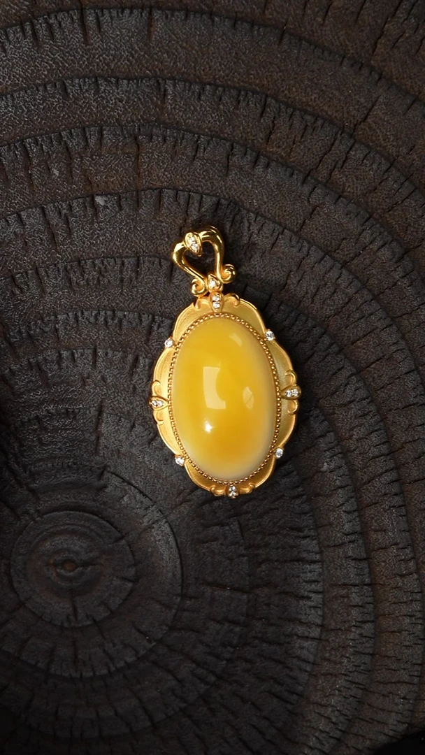 银S925镶嵌蜜蜡戒指孤品-白蜡吊坠