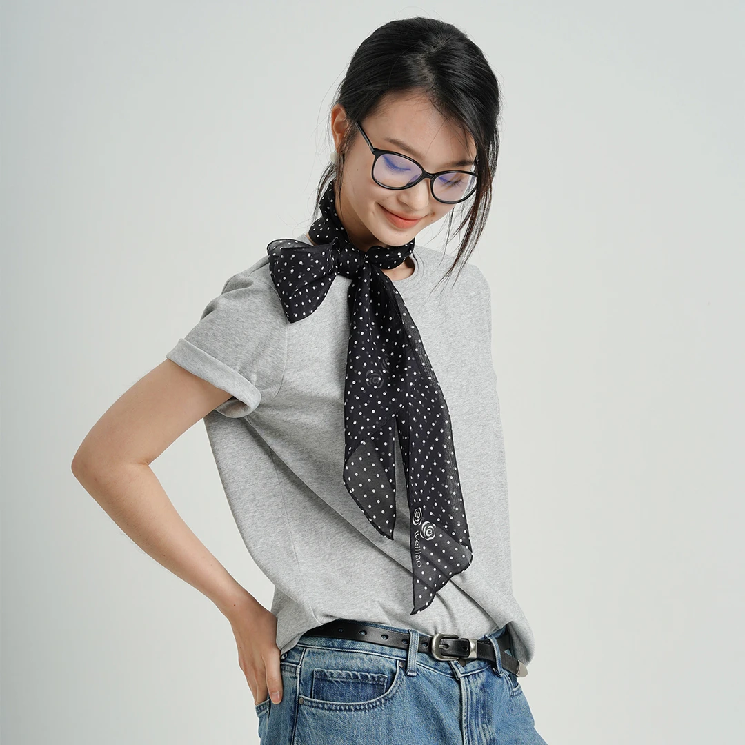 2025新款山茶花波点雪纺丝巾飘带围巾轻薄百搭黑白春秋丝巾飘带