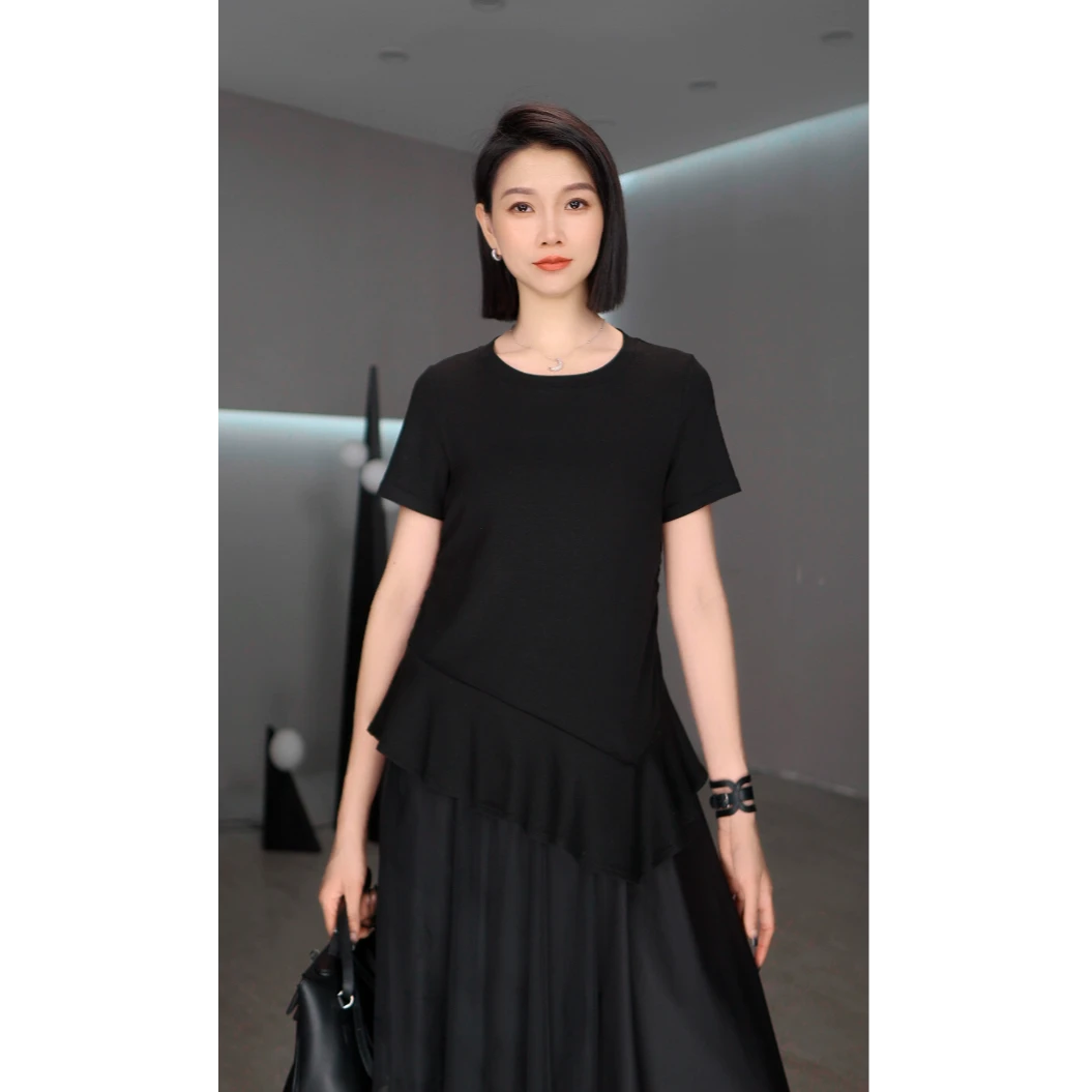 鑫鑫2025夏季新款短袖t恤设计感时尚洋气减龄荷叶边T恤2442