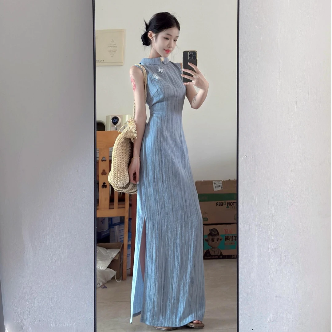 夏季蓝色系中式设计感翻领无袖连衣裙女修身显瘦气质优雅a字长裙