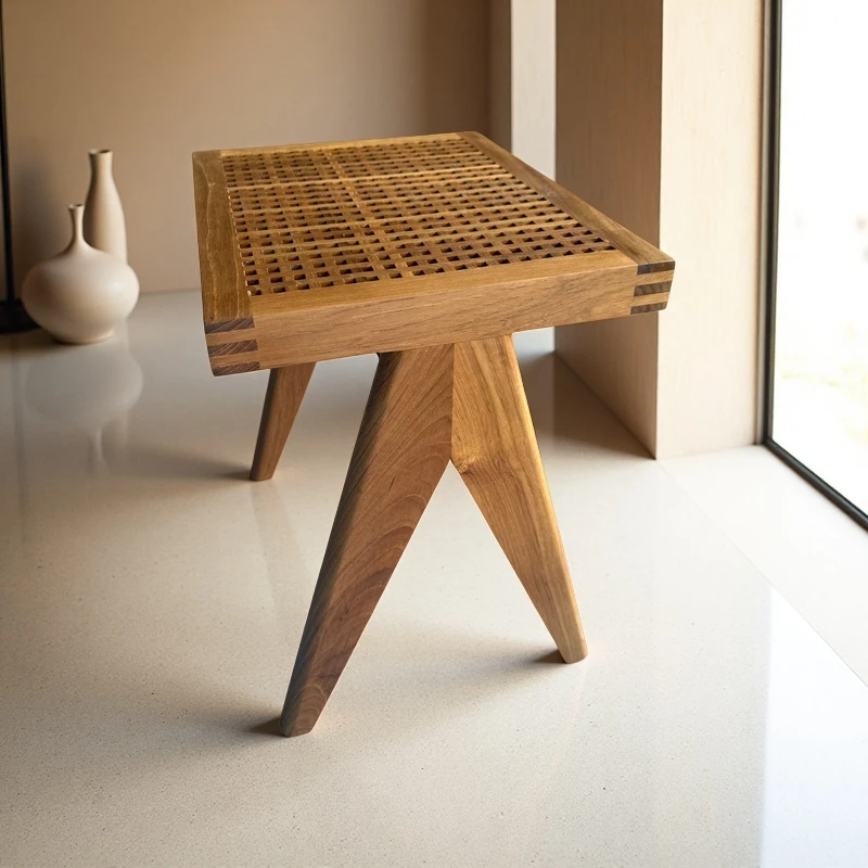 昌迪加尔｜缅甸柚木实木座椅凳子家用轻奢矮凳藤编木质原木色鞋凳