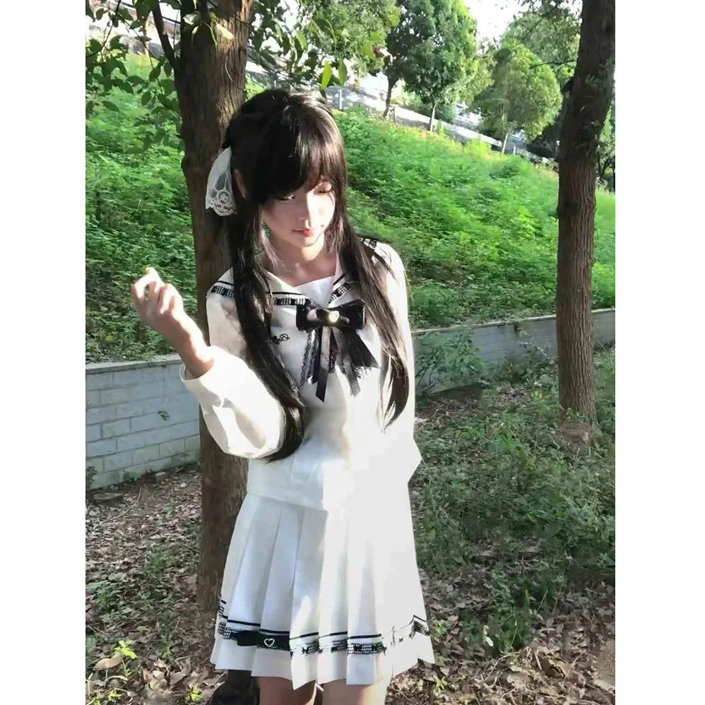 黑白序章 新款日系古早少女感学院风海军领上衣+百褶半身裙两件套