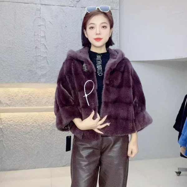 232785【DC】女装反季撤柜水貂皮草外套豆沙紫连帽