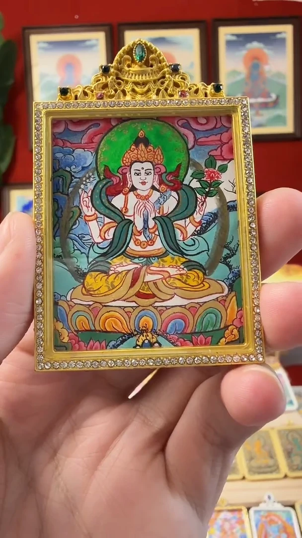 吊坠四臂观老师-热贡纯手绘唐卡吊坠