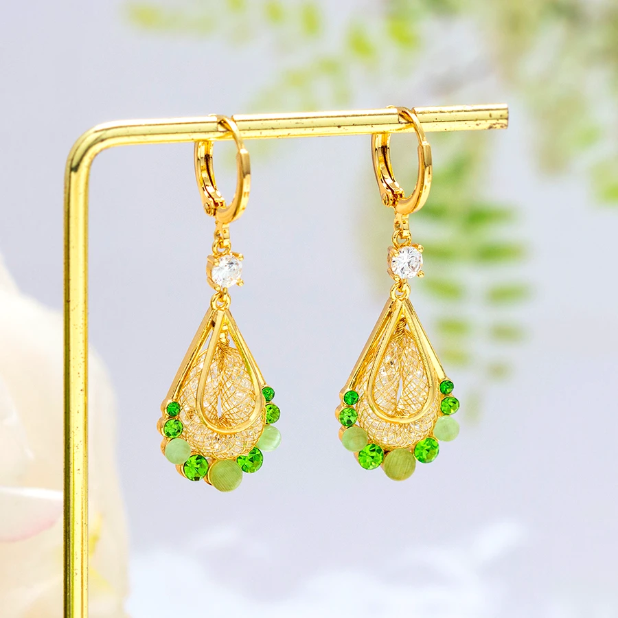 铜合金合成锆石耳饰 春季绿色水滴耳环金色网状满钻轻奢气质1336