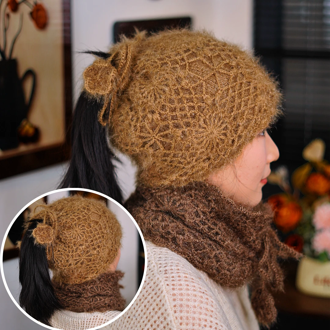 【一帽三用】针织勾花加厚包头帽脖套绑马尾女士护耳百搭时尚堆堆帽