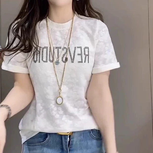 26922凉感杂志风印花字母圆领烫钻T恤蕾丝百搭夏季甜辣风短袖