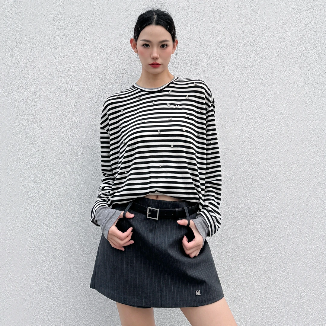 McCarlyQuinn肤感闪钻羊毛天丝袖口拼接条纹长袖针织T恤