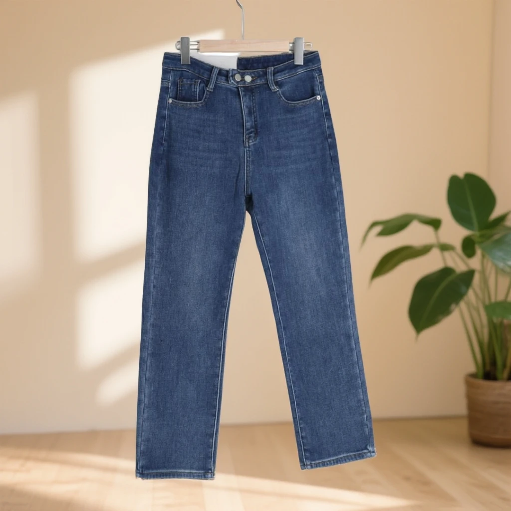 K0344直筒裤女士高腰加绒直筒牛仔裤百搭时尚休闲显瘦长裤