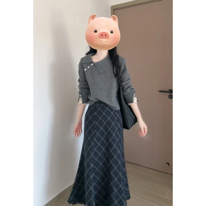 2025秋季新款女韩系穿搭翻领拼接蕾丝长袖毛衣上衣高腰格纹半身裙