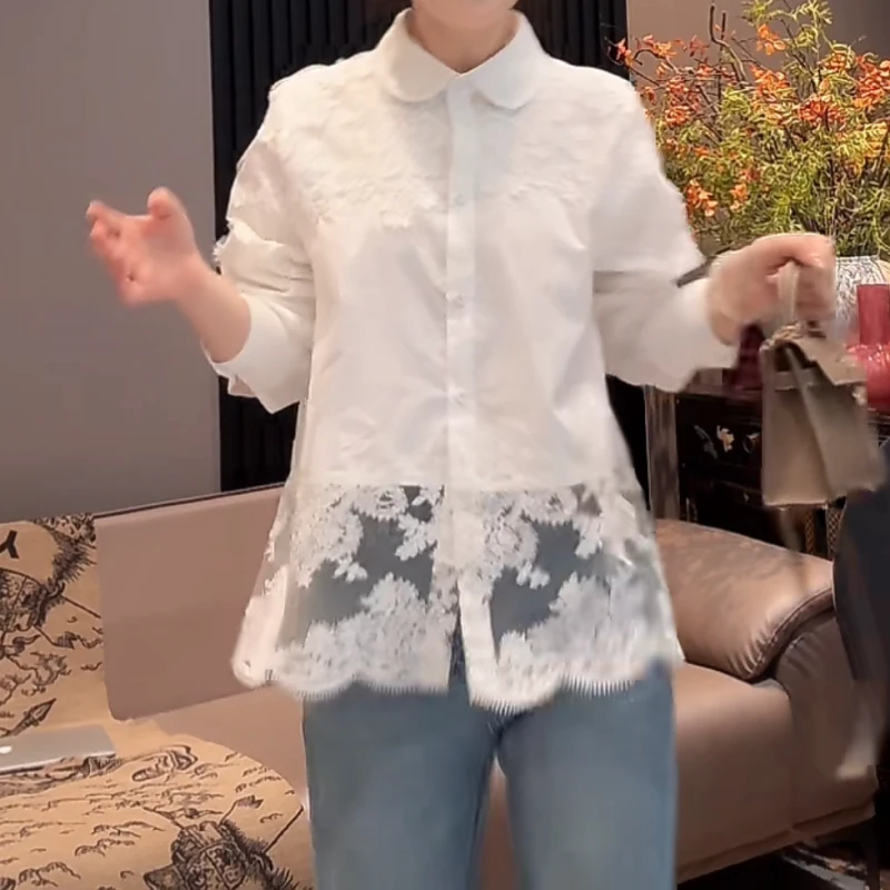 【钻石姐专属】下摆拼接重工翻领衬衫2025新款中长款白色衬衣13107