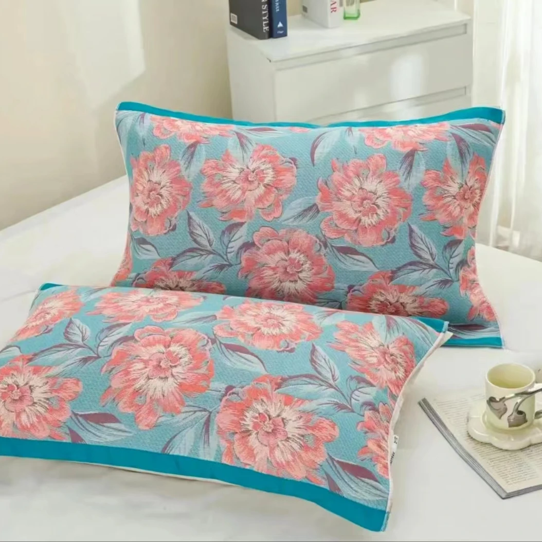 双层纱棉纱布枕巾（牡丹蓝）--52*78一对