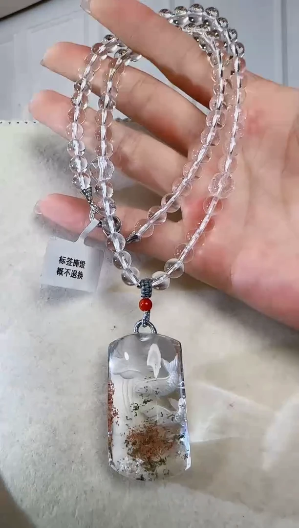 颈饰银S925镶嵌水晶彩幽灵内雕双鱼戏莲白水晶925银项链