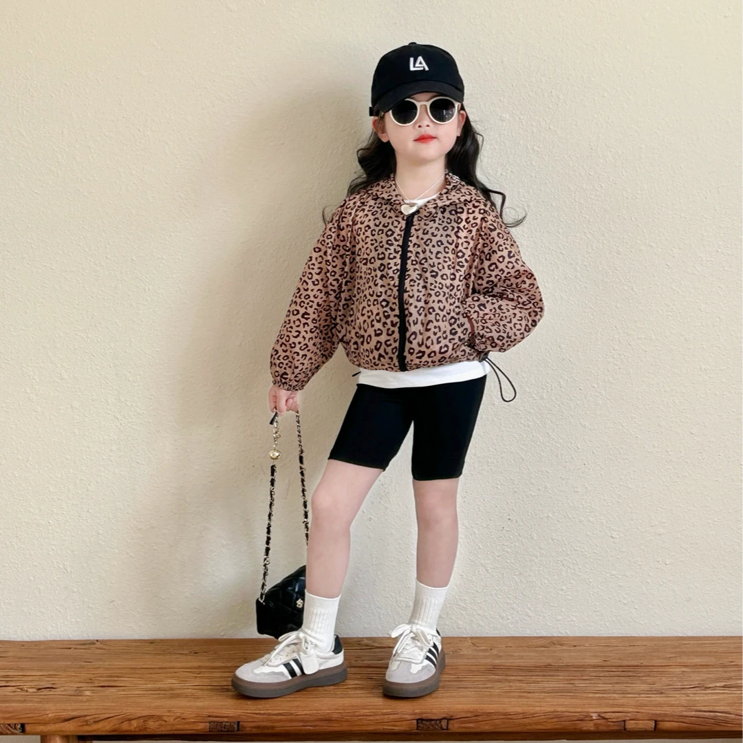 2025春夏新品童装儿童豹纹连帽小外套防晒衣女童打底裤骑行裤套装