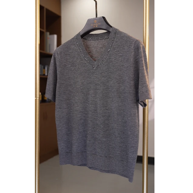 【高品质-新品】高支超细轻薄V领撞边短袖针织衫时尚女-2502050