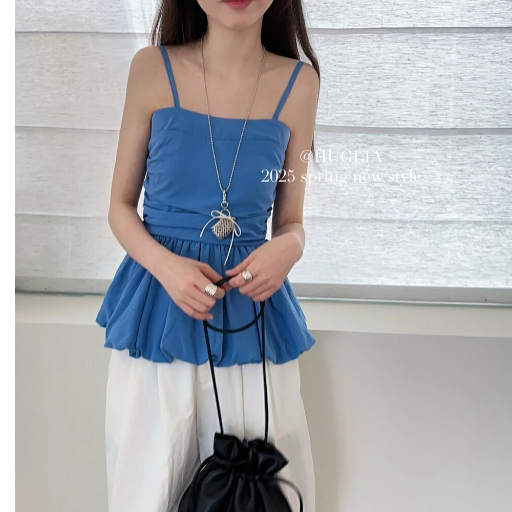 法式收腰宽松型显瘦风吊带背心短款挂脖复古设计感时尚辣妹百搭
