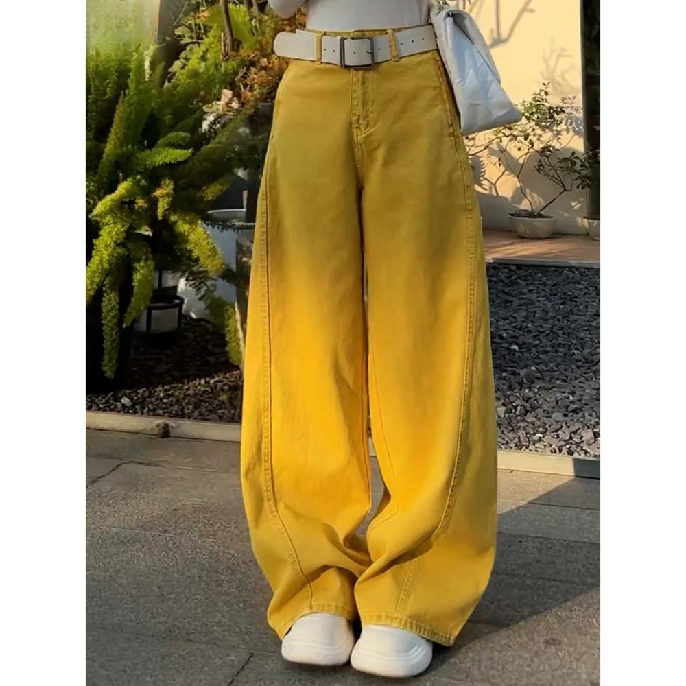 大码黄色爆款牛仔弯刀阔腿裤女2025夏季新款宽松休闲松弛感拖地裤